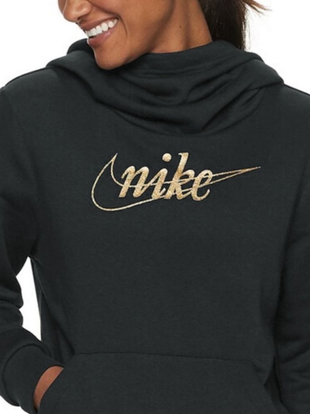 Nike Black Gold Logo Funnel Neck Hoodie Pullover Medium - Picture 2 of 13